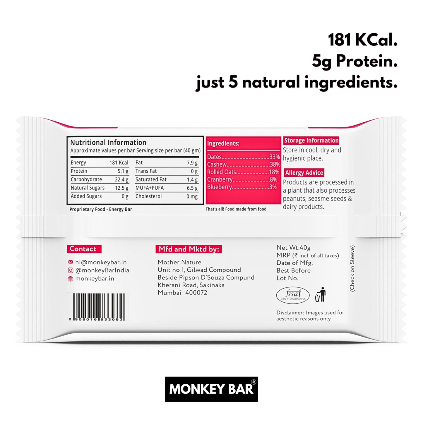 MONKEY BAR - Very Berry Energy Bar - 10 Bars, 40g each, Just 5 Plant-ba- image 2