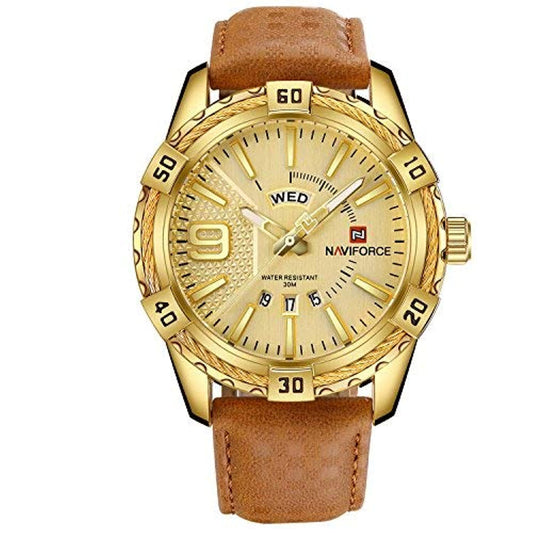 NAVIFORCE Men's Leather Military Analog Wristwatch with Calendar (Gold)