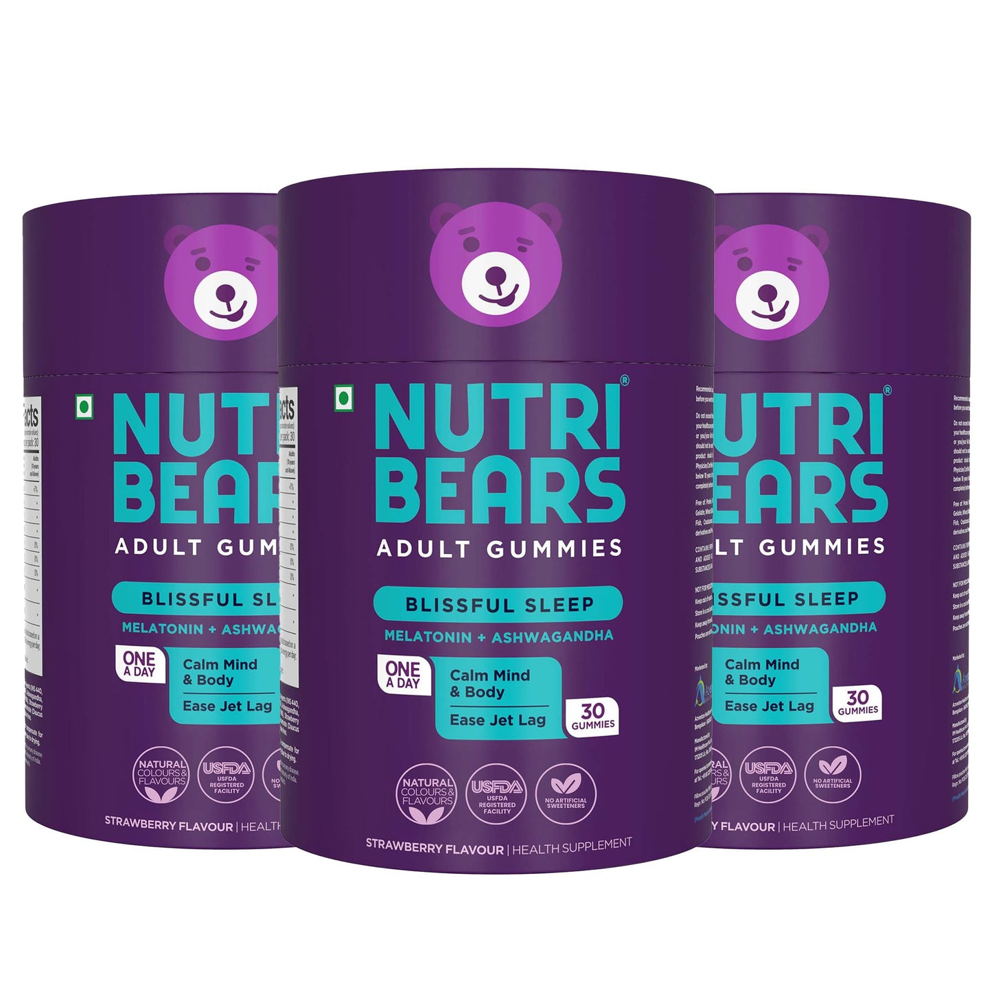 NutriBears Blissful Sleep Melatonin Gummies with Ashwagandha for Mind and Body Deep, Restful, Calming Nighttime Relaxation, Ease Jet Lag, Strawberry Flavour, 90 Gummy Chewables