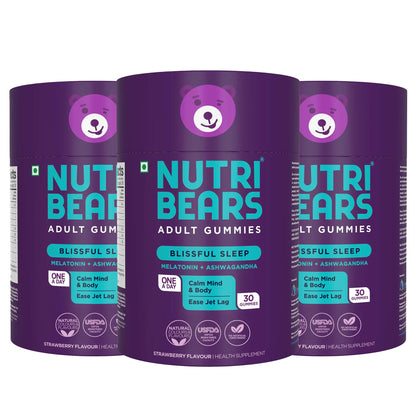 NutriBears Blissful Sleep Melatonin Gummies with Ashwagandha for Mind and Body Deep, Restful, Calming Nighttime Relaxation, Ease Jet Lag, Strawberry Flavour, 90 Gummy Chewables