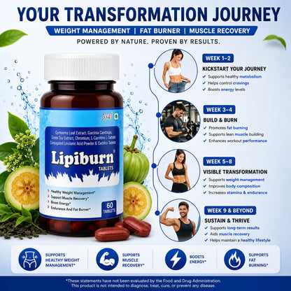 Lipiburn Fat Burner & Weight Management Tablets for Men & Women | Energy Booster & Metabolism Support | Gymnema, Garcinia Cambogia & Green Tea Extract | Supports Muscle Recovery | 60 Tablets