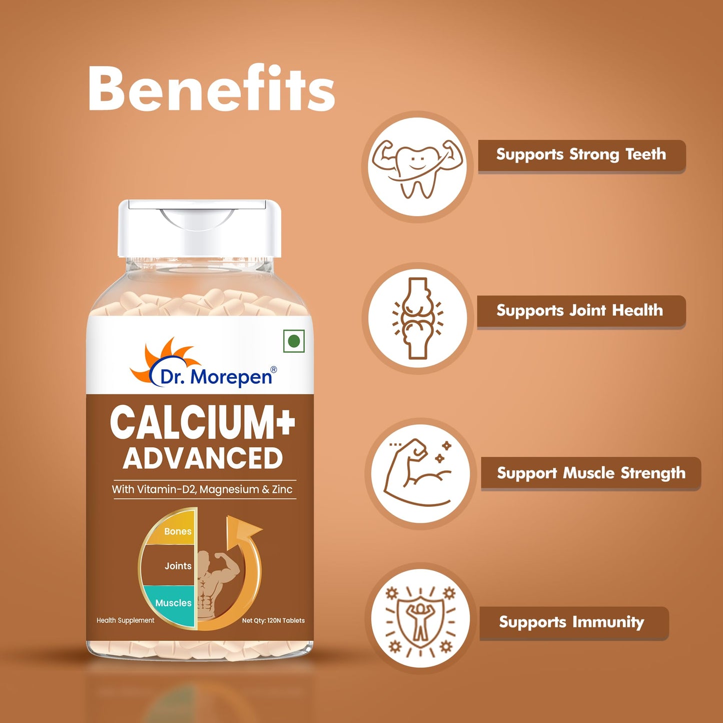 Dr. Morepen Calcium+ Advanced Tabs with Vitamin - D2, Magnesium & Zinc - 120 Veg Tablets for Women & Men Calcium & Vitamin D Tablets to support Strong Bones, Joints & Muscles
