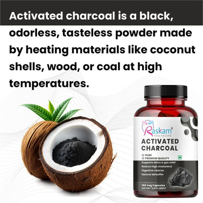 Raskam Activated Charcoal | Helps in Digestion, Bloating, Liver & Kidney Detox | 100 Veg Capsules