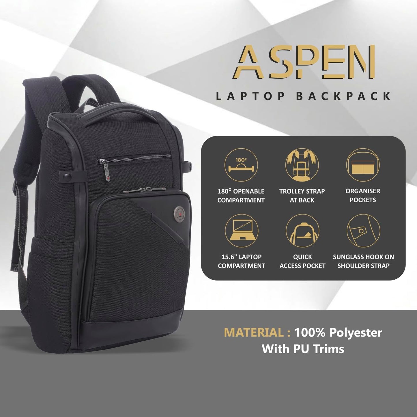 SWISS MILITARY Aspen Laptop Backpack 15.6 Inch with USB Charging Port, Quick Access Pockets, iPad Compartment, Mesh Bottle Holders, 16L Compact Travel Office College Bag for Men Women, Black