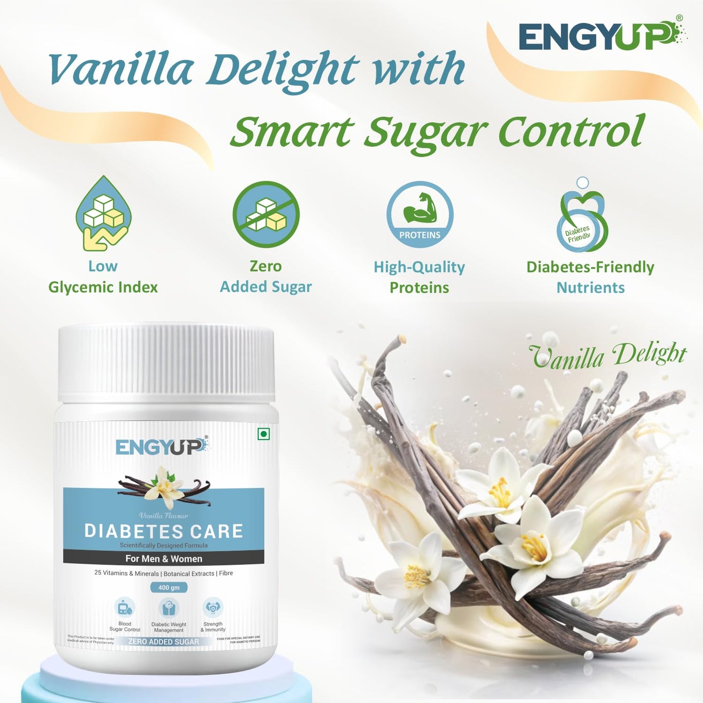 ENGYUP Diabetes Care Powder – Triple Blend Protein with Low GI & Zero Added Sugar, Vanilla Flavor, 400g