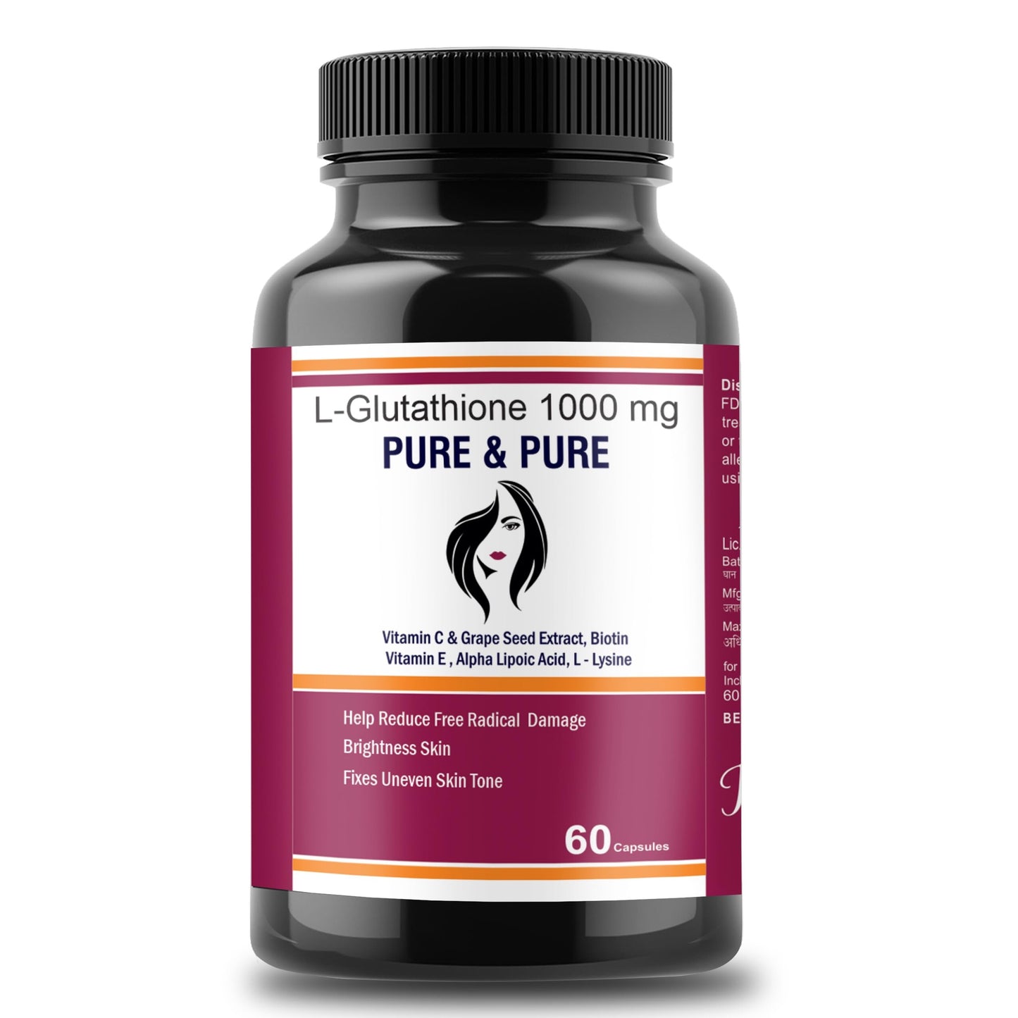Pure & Pure Healthcare L-Glutathione Capsules with Vitamin C & Grape Seed Extract, Biotin Vitamin E, Alpha Lipoic Acid For Glowing Skin Help Reduce Free Radical Damages Pack of 2 | 120 capsules 1000mg