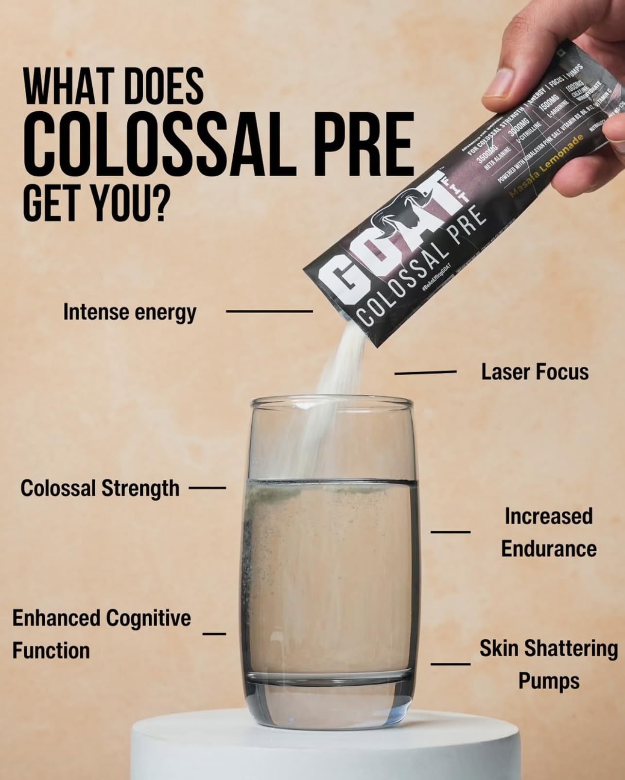 GOAT Fit Colossal Pre | PreWorkout Powder 200mg Caffeine 3.5g Beta-Alanine 3g Citrulline 1.5g Arginine 1g Creatine with Himalayan Pink Salt (12gm Single Serving, Masala Lemonade)
