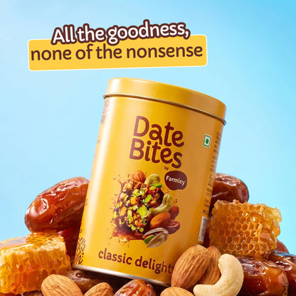 Farmley Date Bites I Dates Barfi Made with Dates, Pista, Cashews, Almonds, Honey and Pure Ghee I Dry Fruits Nuts, Healthy Snacks Sweets,Gluten Free, No Added Sugar (200g, Dates Bites Jar)