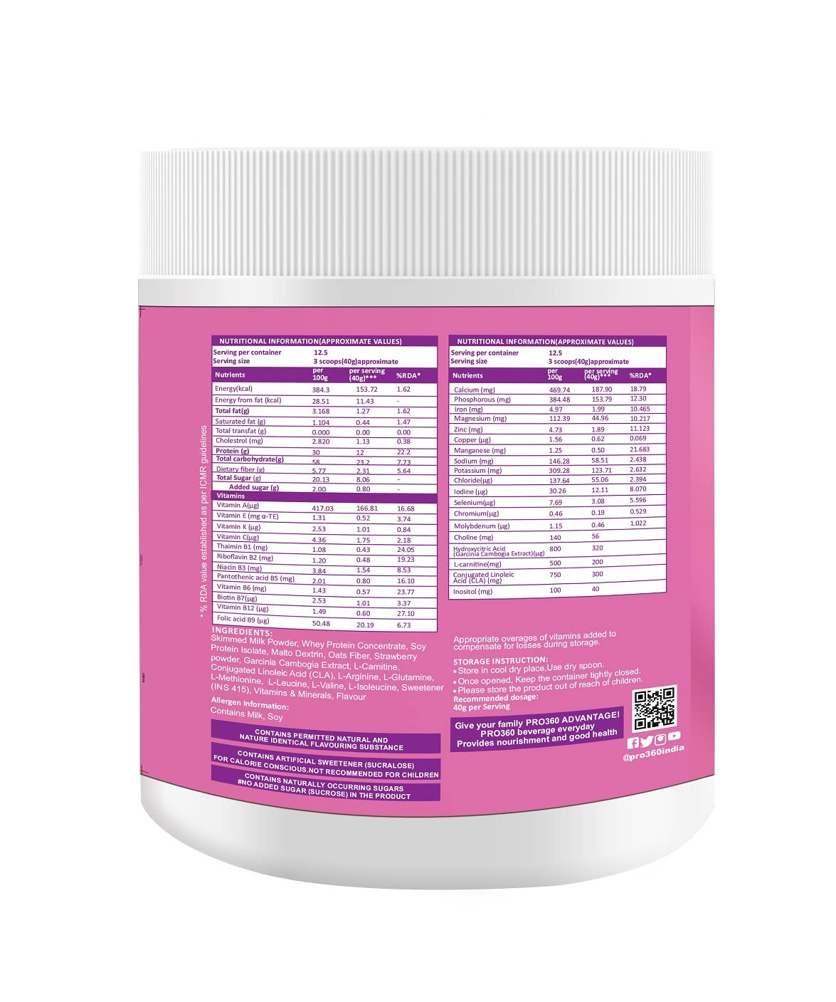 Pro360 Slim Weight Management Meal Replacement Protein Shake (Strawberry Flavour) No Added Sugar, Dietary Supplement For Men & Women, 500Gm