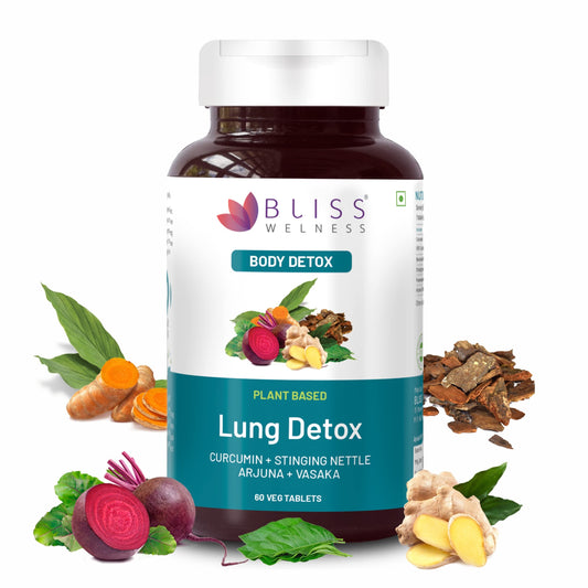 Bliss Welness Lung Detox,Curcumin Stinging Nettle Arjuna Vasaka Beetroot Punerneva Trikatu Kateri Echinecea Piperine,Repair Pollution Damage Cleanse Respiratory Support Tar-60 Vegetarian Tablets