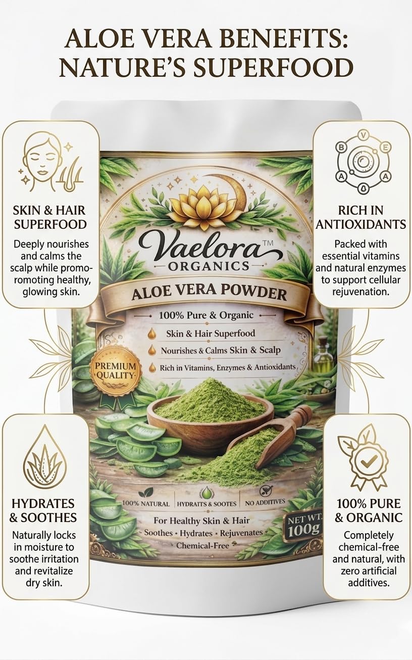 Vaelora Organics Aloe Vera Powder (Pack of 2 x 100g) – 100% Pure & Natural for Skin Hydration, Face Pack & Hair Care | Soothing & Nourishing | Chemical-Free (200g)