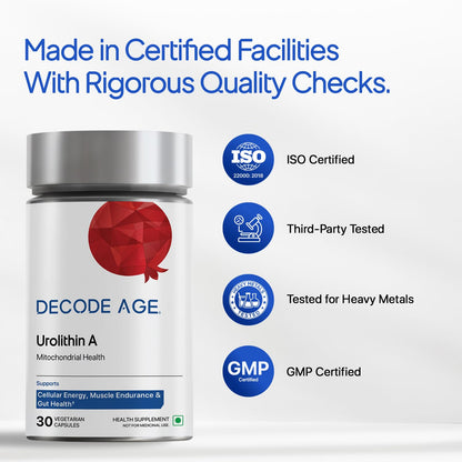 Decode Age Urolithin A 500 mg | Clinically Studied Longevity Supplement for Strength, Endurance & Cellular Renewal | Non-GMO | Urolithin A Supplement for Men and Women