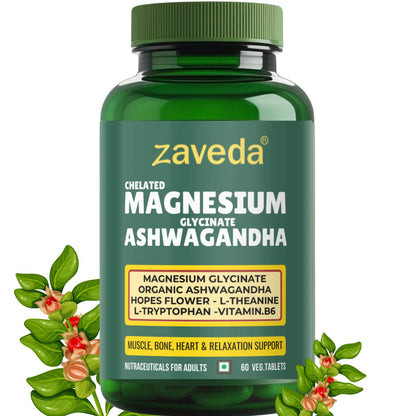 Zaveda Magnesium Glycinate Ashwagandha Tablets with Hopes flower, Vit. B6, L-Theanine, L-tryptophan & zinc | Highly Advanced Plant based formula | Muscle Recovery, Sleep & Nerve halth | 60 VegTablets