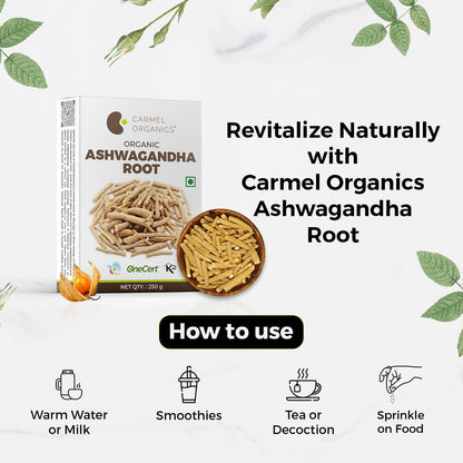 CARMEL ORGANICS Ashwagandha Root Whole (250 g) | Jaivik Bharat Certified | Helps Fight Anxiety and Stress | Withania Somnifera | Non-GMO | No added Preservatives
