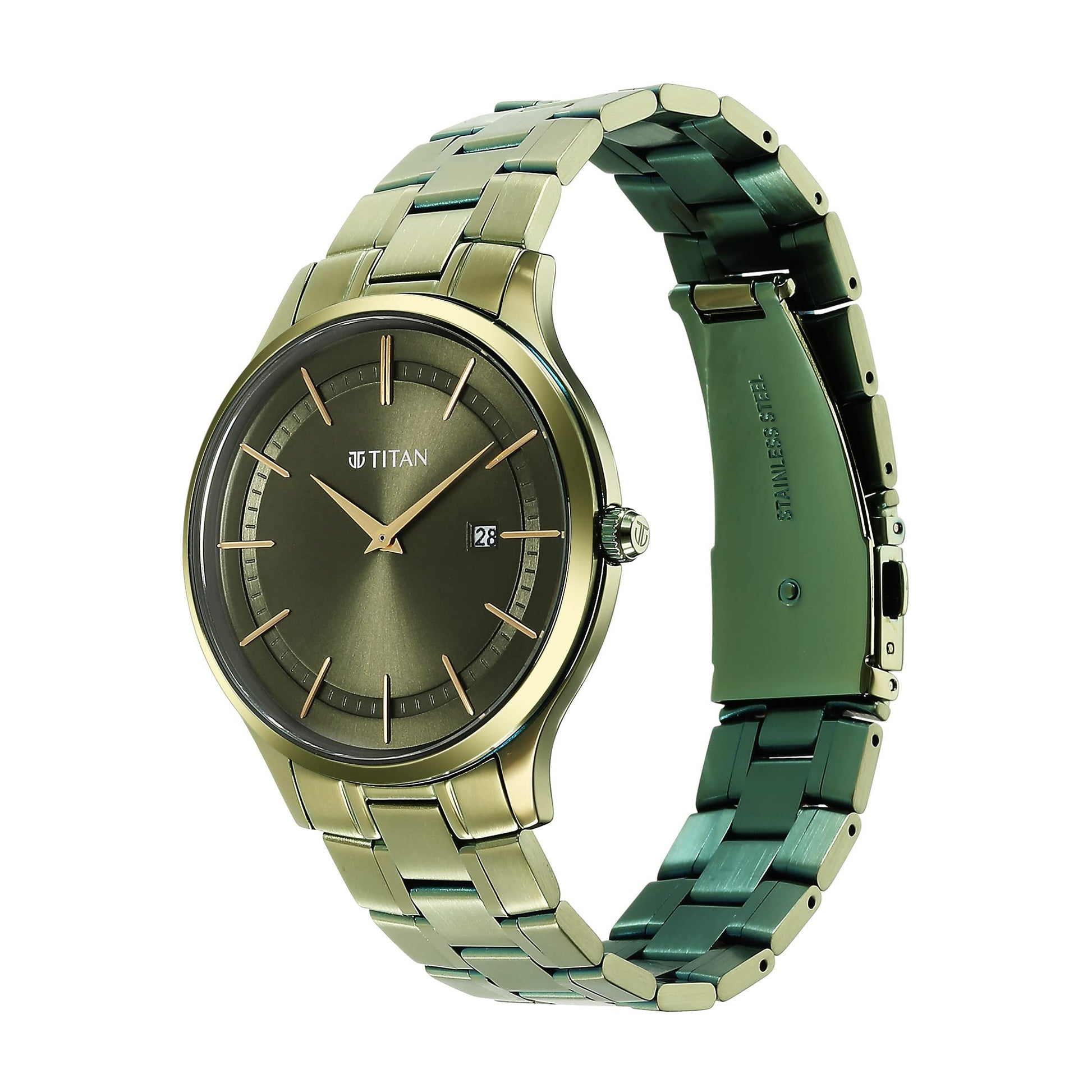 Titan Classique Slimline Quartz Analog with Date Olive Green Dial Metal- image 4