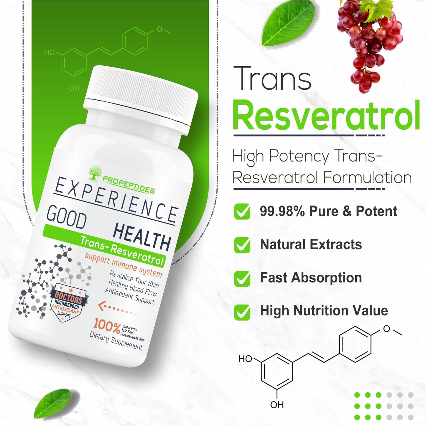 Propeptides Resveratrol Supplements Trans 500 mg With Grape Seed Extract, Quercetin Powder, Pomegranate, Improves Metabolism And Heart Health Care Supplement- 60 Tablets (No Capsules Pack1)