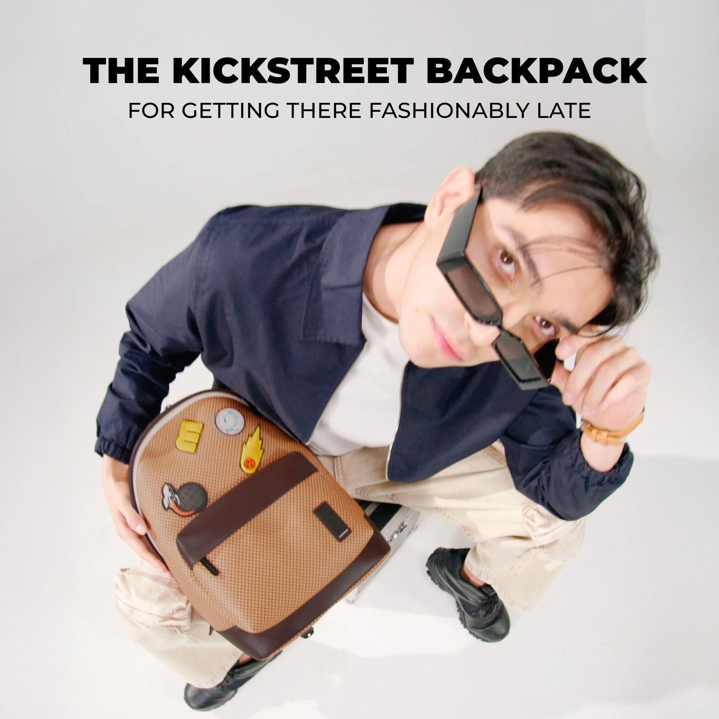MOKOBARA The Kickstreet 3 Compartment Backpack 21L Water-Resistant Vegan Leather with Signature Monogram Pattern Multipurpose Daypack 14" Laptop Bag with Luggage Sleeve (Mokogram - Black Sesame)