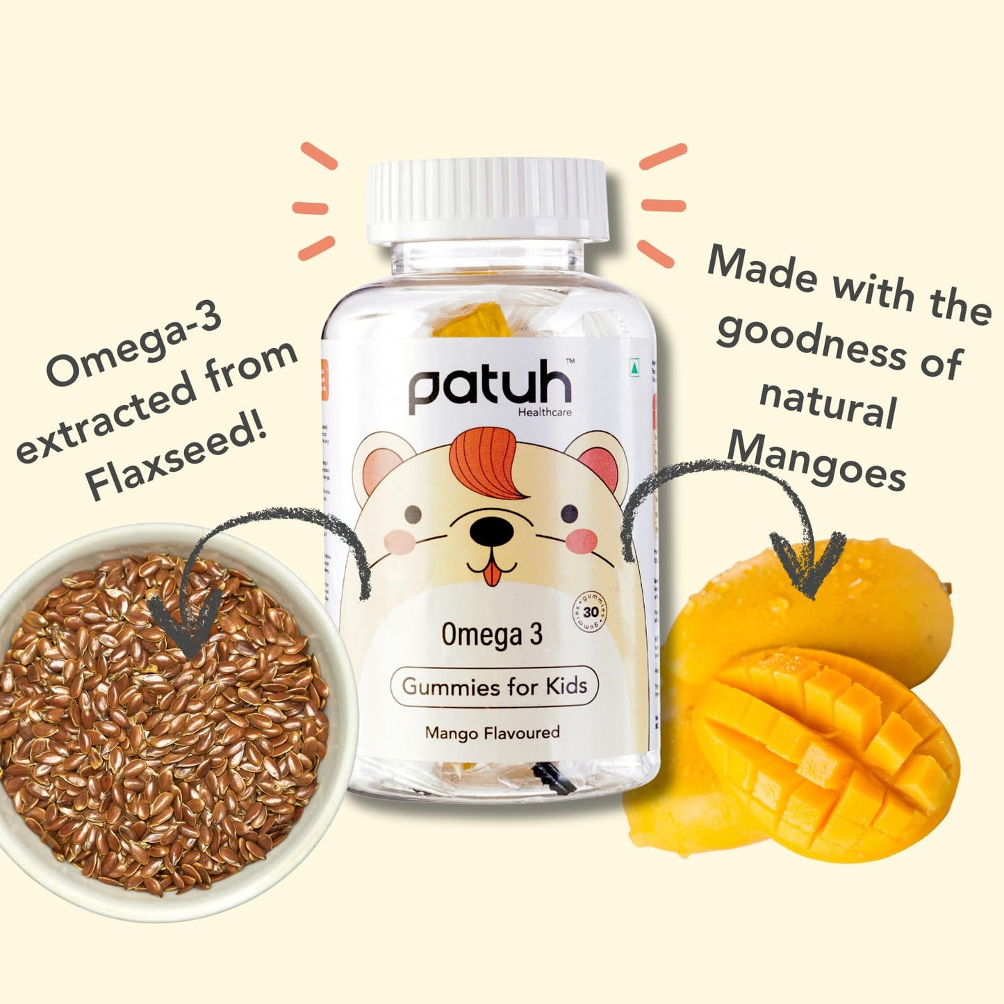 PATUH HEALTHCARE Junior Omega 3 Gummies (4 years & above) 100% Vegetarian Formula, Omega Veg Kids Gummies for Healthy Heart, Brain & Joints, Natural Mango flavor (Pack of 1)