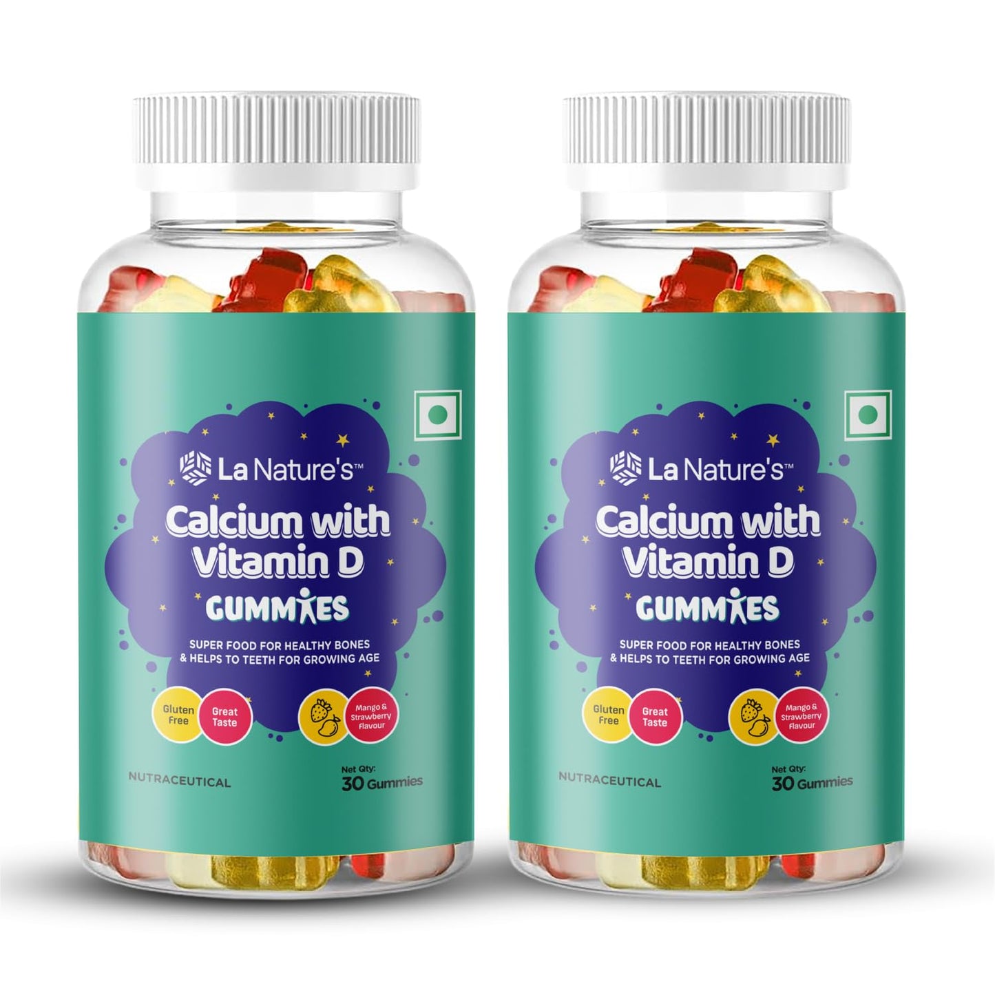 La Nature's Calcium and Vitamin D Gummies for Kids 60 Days Pack, Support Strong Bones, Joints & Muscles, For Healthy Teeth, Vegetarian (Mango & Strawberry Flavor)