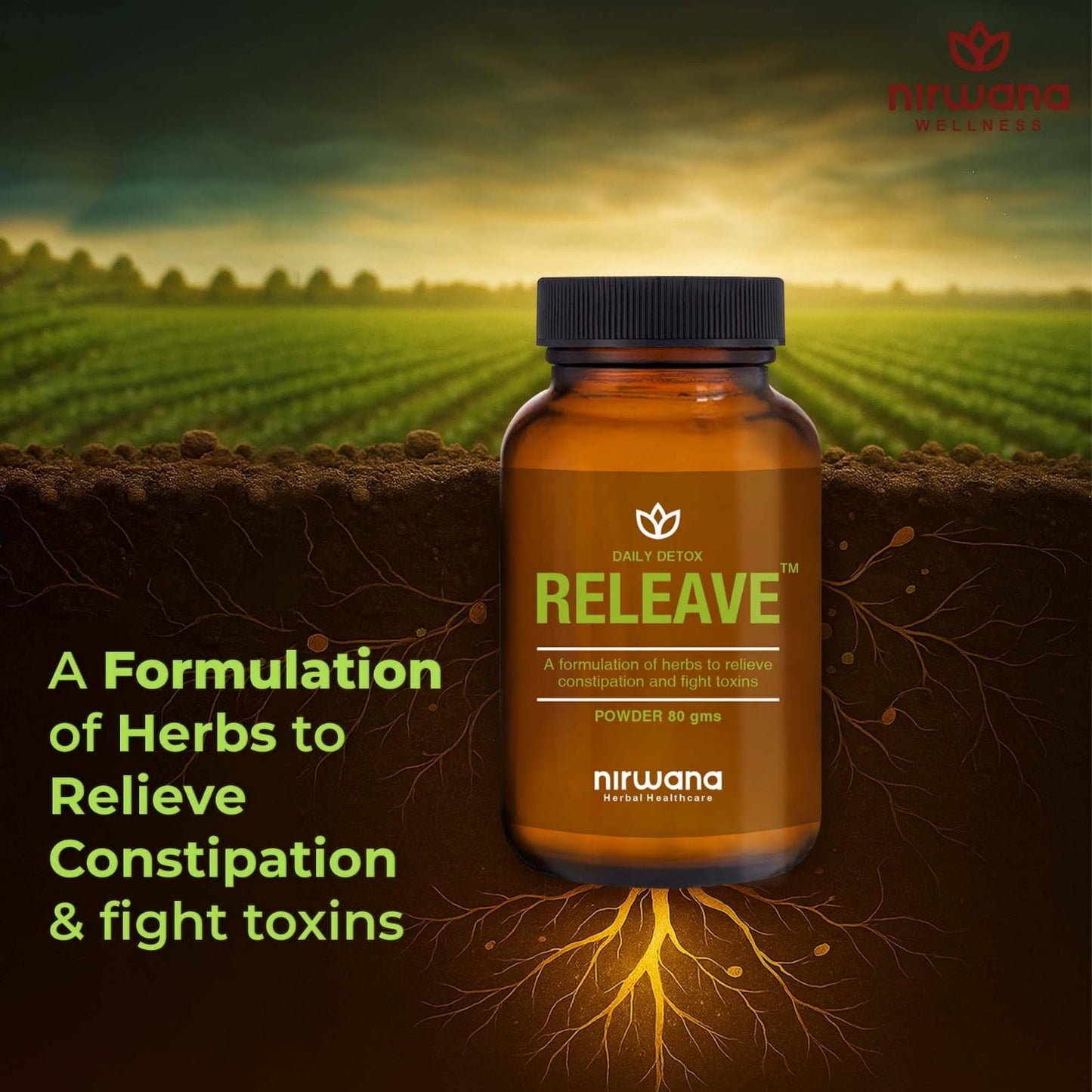 Nirwana Releave Powder for Constipation,Gas, Acidity & Bloating Relief | Natural Herbal Gut Cleanse & Detox | Soothes Digestive Tract | No Cramps or Diarrhoea | 100% Herbal Formula | 80g (Pack of 2)