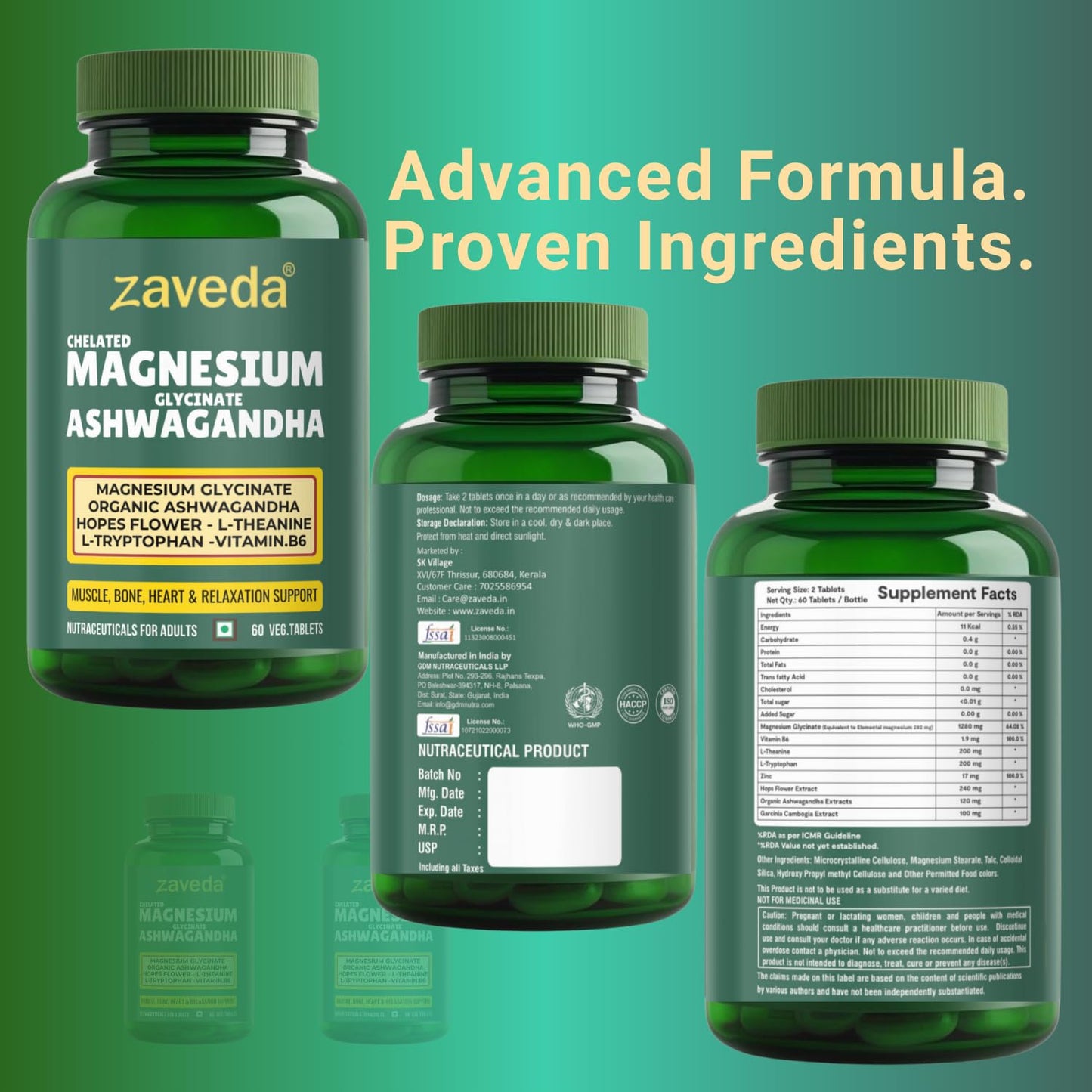 Zaveda Magnesium Glycinate Ashwagandha Tablets with Hopes flower, Vit. B6, L-Theanine, L-tryptophan & zinc | Highly Advanced Plant based formula | Muscle Recovery, Sleep & Nerve halth | 60 VegTablets