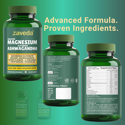 Zaveda Magnesium Glycinate Ashwagandha Tablets with Hopes flower, Vit. B6, L-Theanine, L-tryptophan & zinc | Highly Advanced Plant based formula | Muscle Recovery, Sleep & Nerve halth | 60 VegTablets