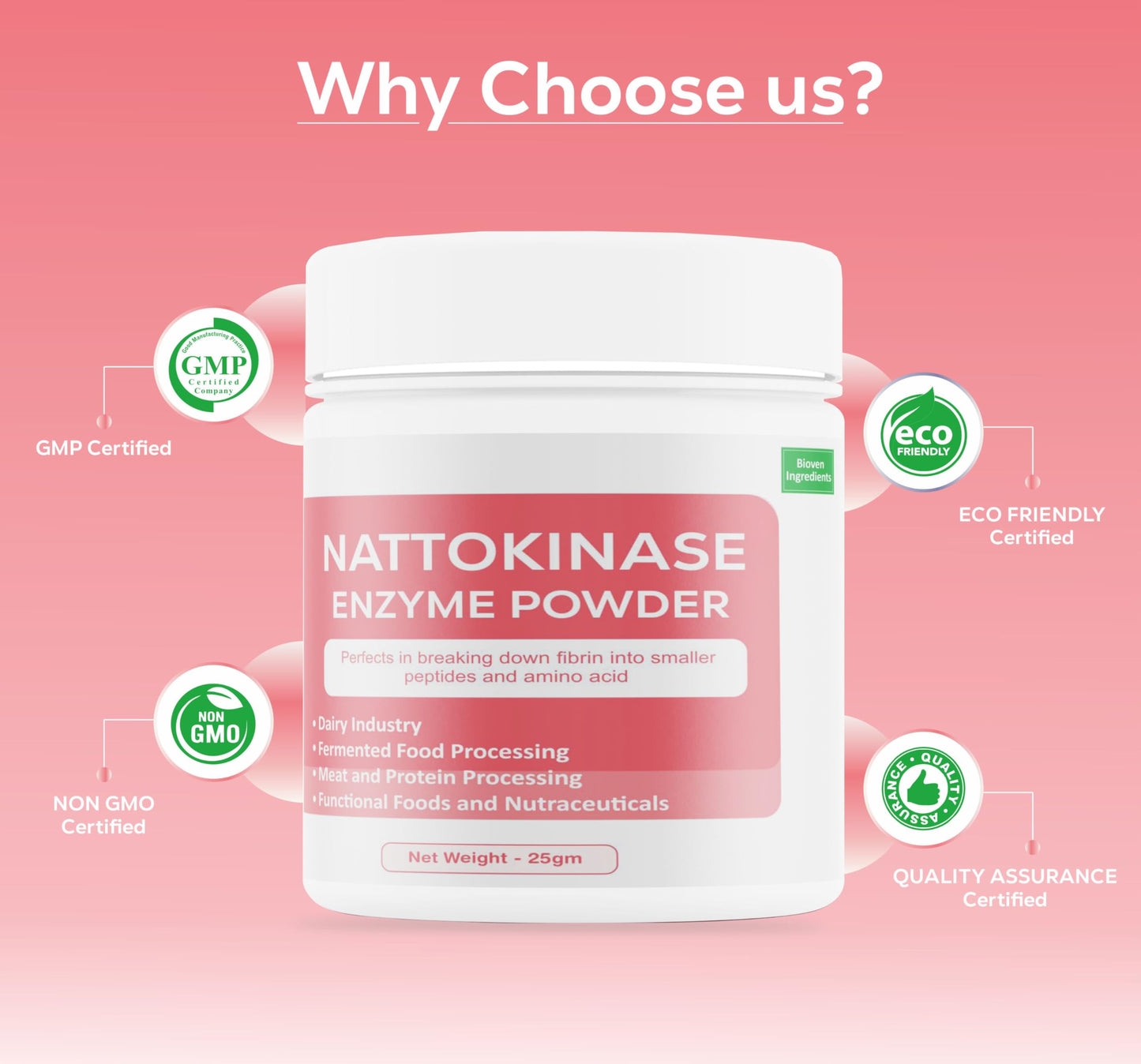 Bioven Ingredients Nattokinase Enzyme Powder Non-GMO, Dietary Supplements/Food and Beverages, Broad pH Range of Activity, Excellent Thermostability, Hydrolyse Fibrin, No Filters/Binder