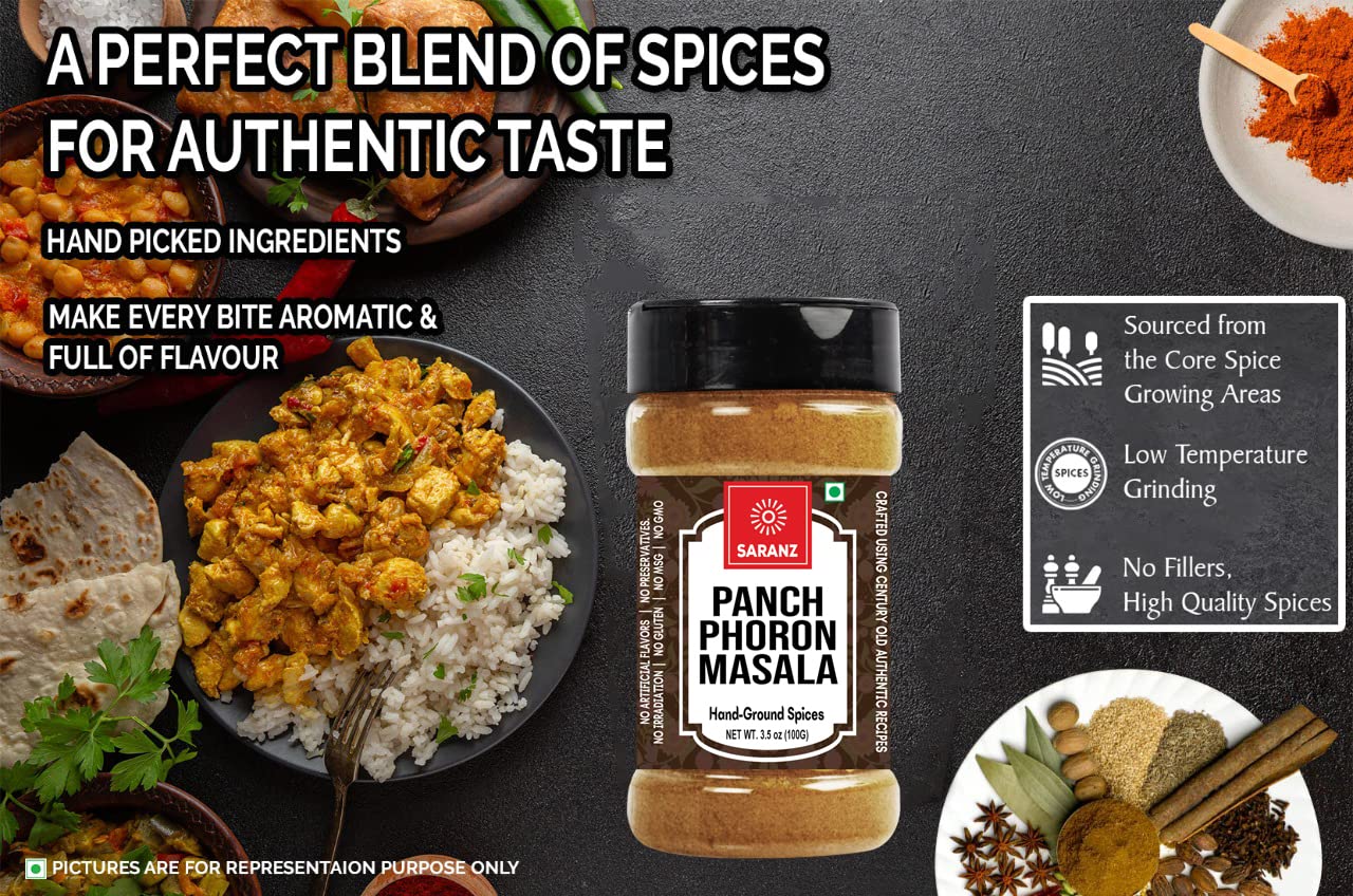 SARANZ Panch Phoron Masala Five Spice Blend In One Bengali Masala Panch Foran Grinded Perfect for Cooking, Ready to Use, No added colours, Spice Whole and Masalas, Premium Artisanal Spices with Rich & Strong Flavour-100 Grams Sprinkler Jar