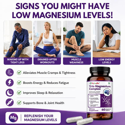 Novella Magnesium Complex – Triple Magnesium Formula with glycinate,Citrate & L-Threonate, Supports Muscles Recovery & Cramp,Better Sleep & Bone Strength – 60 Veg Capsules