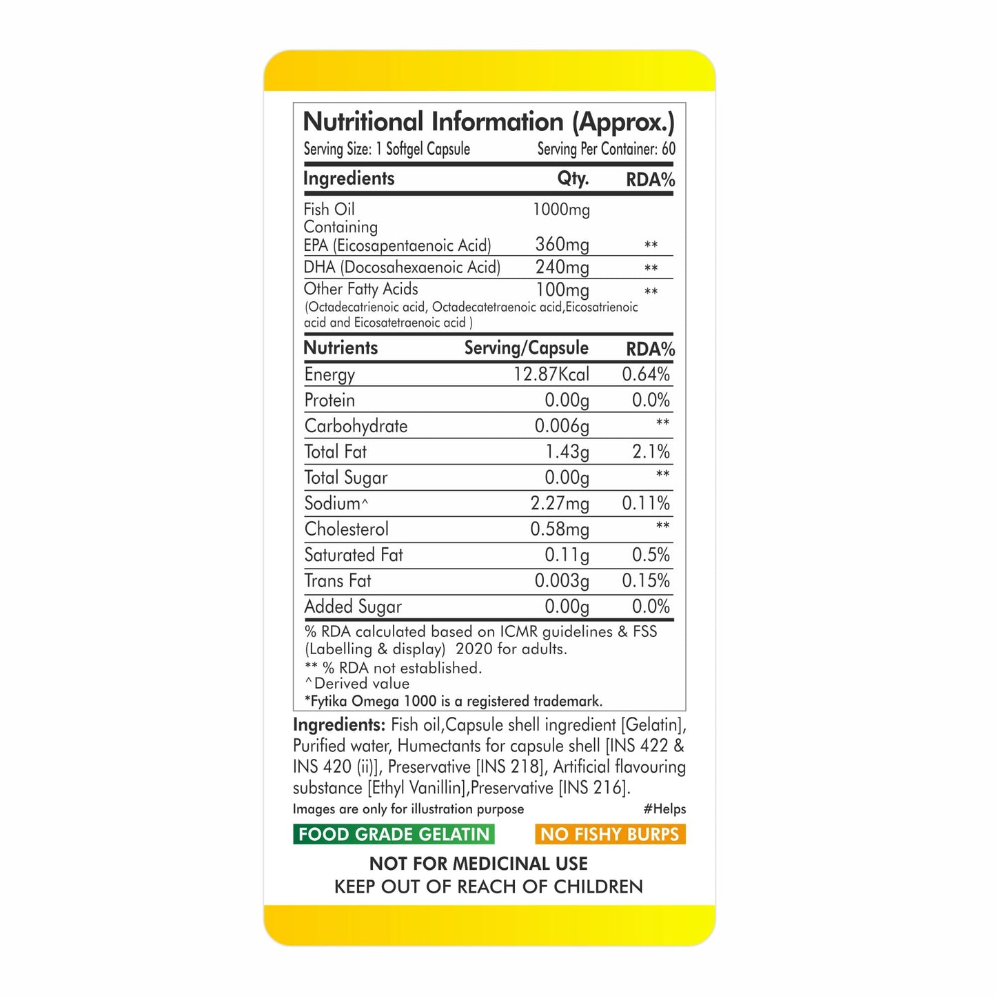 FYTIKA Omega 3 Fish Oil 1000mg 60 Capsules for Heart, Eye, Skin, Brain, Joint & Muscle Support | Omega 3 1000mg Fatty Acid Capsule enriched with EPA 360mg+DHA 240mg & Omega Fatty Acids 400mg
