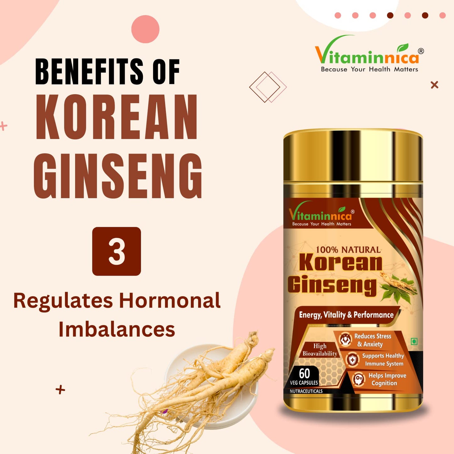 Vitaminnica Korean Ginseng Extract | Supports Stamina, Energy, Vitality, Strength | 60 Veg Capsules (Pack of 1)