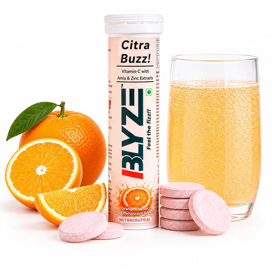 BLYZE Citra Fizz Vitamin C Effervescent Tablets with Natural Amla Extract and Zinc for Daily Immunity, Helps Boost and Strengthen Collagen for Healthy Skin, Hair and Nails – Orange Flavour, 20 Tablets