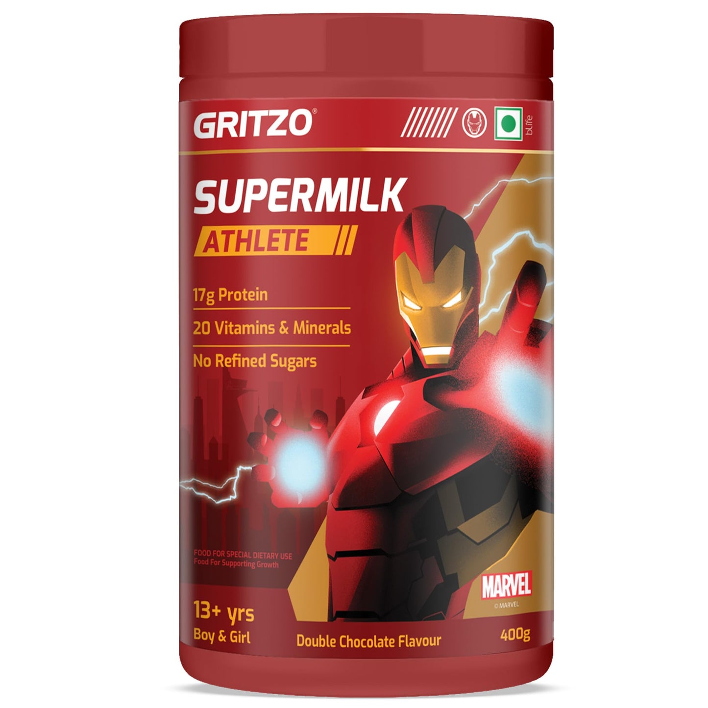 Gritzo SuperMilk Athlete Iron Man (13+y Boy & Girl), 17g Protein Powder (Double Chocolate, 400g) | No Refined Sugars, 20 Vitamins & Minerals
