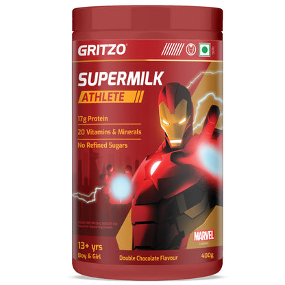 Gritzo SuperMilk Athlete Iron Man (13+y Boy & Girl), 17g Protein Powder (Double Chocolate, 400g) | No Refined Sugars, 20 Vitamins & Minerals