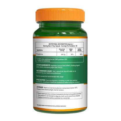 Pure Nutrition Phosphorus 600mg – 120 Veg Capsules | Supports Bone & Teeth Health | Kidney, Nerve & Energy Support | Daily Mineral Supplement for Men & Women