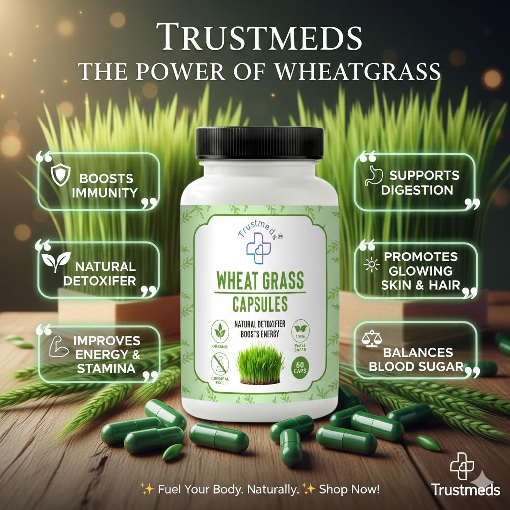 Trustmeds Wheat Grass Capsules (60 Count) | 100% Organic & Plant-Based Immunity Booster | Natural Detoxifier for Digestion, Energy & Stamina | For Glowing Skin & Healthy Hair | Non-GMO & Chemical Free