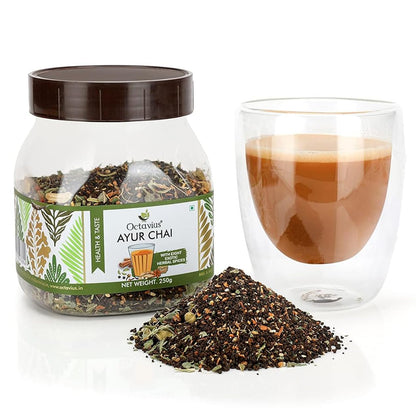 Octavius Ayur Chai - 250 Gms Jar | 8 Ayurvedic Herbs And Spices | Herbal Tea | 100% Natural | Made With Exotic Indian Ayurvedic Herbs | Immunity Booster | Nature Care Tea