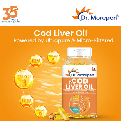 Dr. Morepen COD Liver Oil Capsules | Finest Natural Omega 3, EPA & DHA | Pack of 100 Softgels