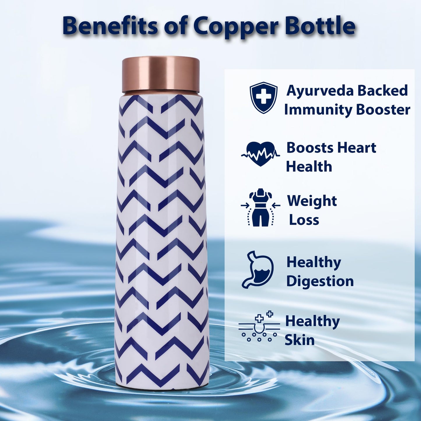 Yellow Trunk Co. Printed Copper Water Bottle - 1000ml | Blue and White Chevron | Modern Design | Leak Proof Design| Health Benefits