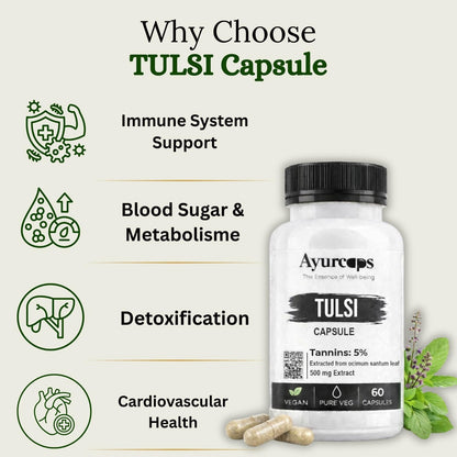Ayurcaps Tulsi 500mg 60 Veg Capsules Holy Basil Ayurvedic Herbal Supplement Supports Immunity, Throat And Respiratory, Stress Wellness Natural Antioxidant And Daily Care