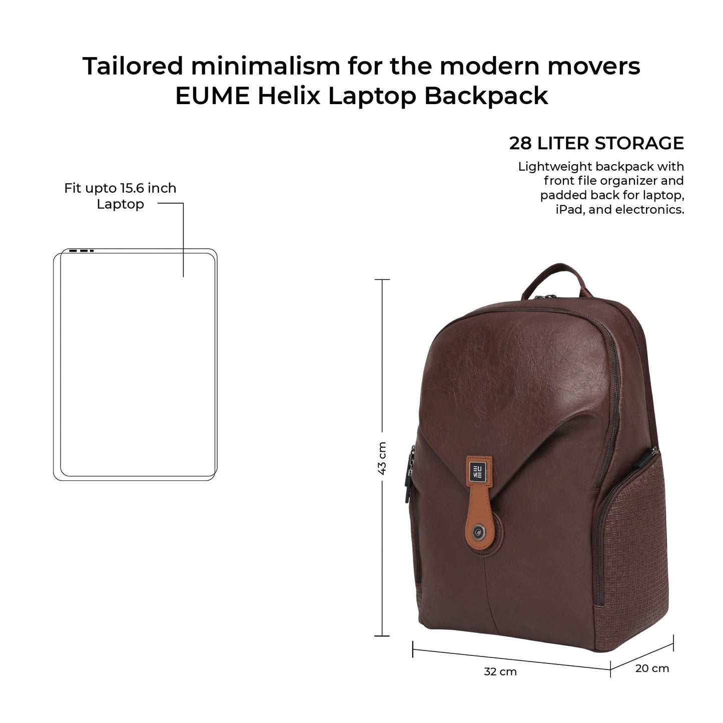EUME Helix 28L Backpack Bag For Man, Rustic Brown| 2 Large Compartment office Laptop Backpack | Fits Up to 15.6" Laptop | Vegan Leather | Travel Bag | Laptop Backpack For Men and Women