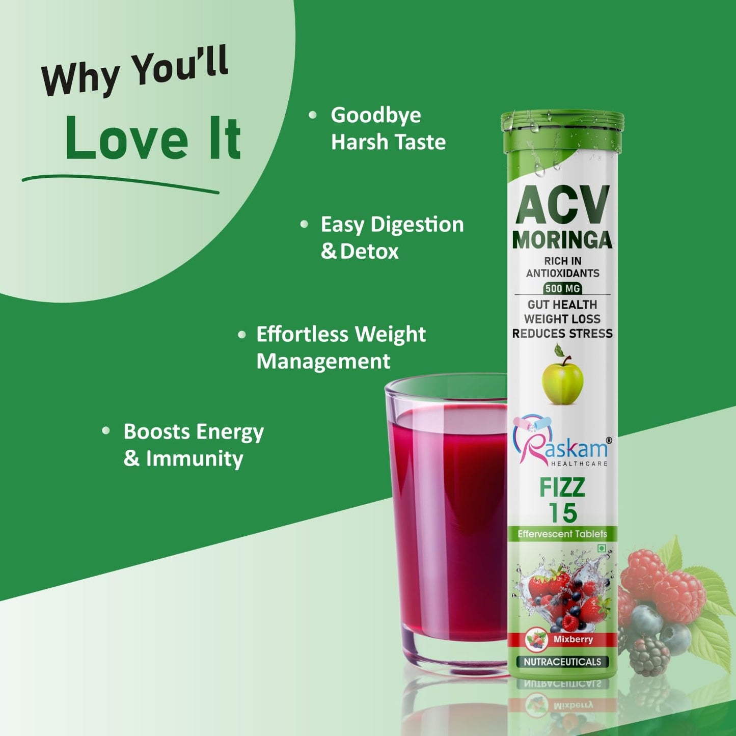 Raskam ACV Moringa Effervescent Tablets | Mixberry Flavor, 500mg | Boost Energy & Immunity Naturally with Antioxidants | Controls Cravings (4 Packs of 15 Tablets Each)