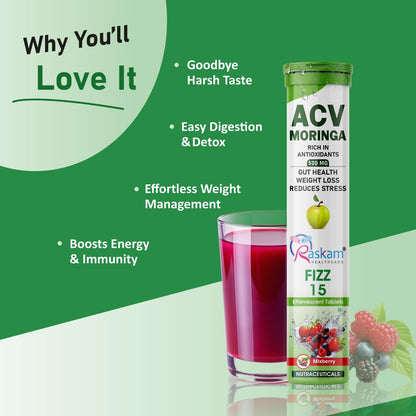 Raskam ACV Moringa Effervescent Tablets | Mixberry Flavor, 500mg | Boost Energy & Immunity Naturally with Antioxidants | Controls Cravings (4 Packs of 15 Tablets Each)