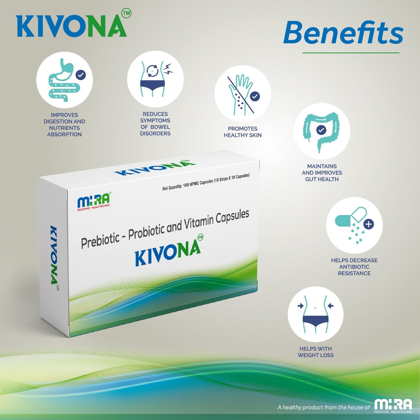 KIVONA from MIRA Healthcare. Prebiotic, Probiotic and Vitamin capsules, 1 strip of 10 capsules each