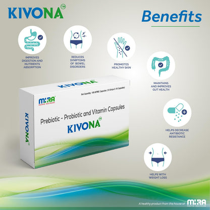 KIVONA from MIRA Healthcare. Prebiotic, Probiotic and Vitamin capsules, 1 strip of 10 capsules each