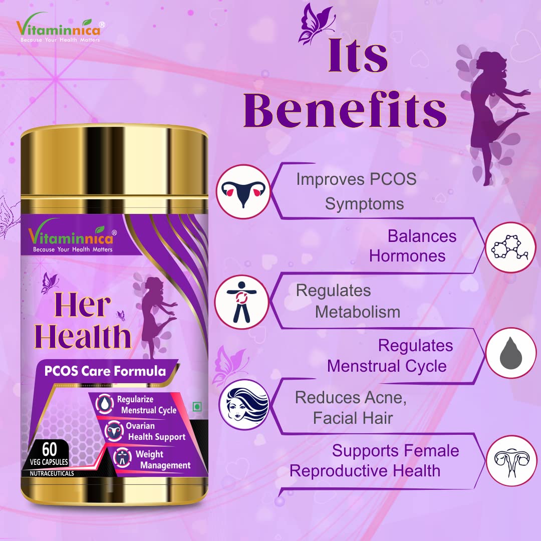 Vitaminnica Her Health PCOS Supplement for Women & Girls- Manages Irregular Delay Periods, PCOS Symptoms, Support Hormonal Balance, Weight Management | 60 Veg Capsules (Pack of 1)