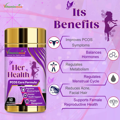 Vitaminnica Her Health PCOS Supplement for Women & Girls- Manages Irregular Delay Periods, PCOS Symptoms, Support Hormonal Balance, Weight Management | 60 Veg Capsules (Pack of 1)