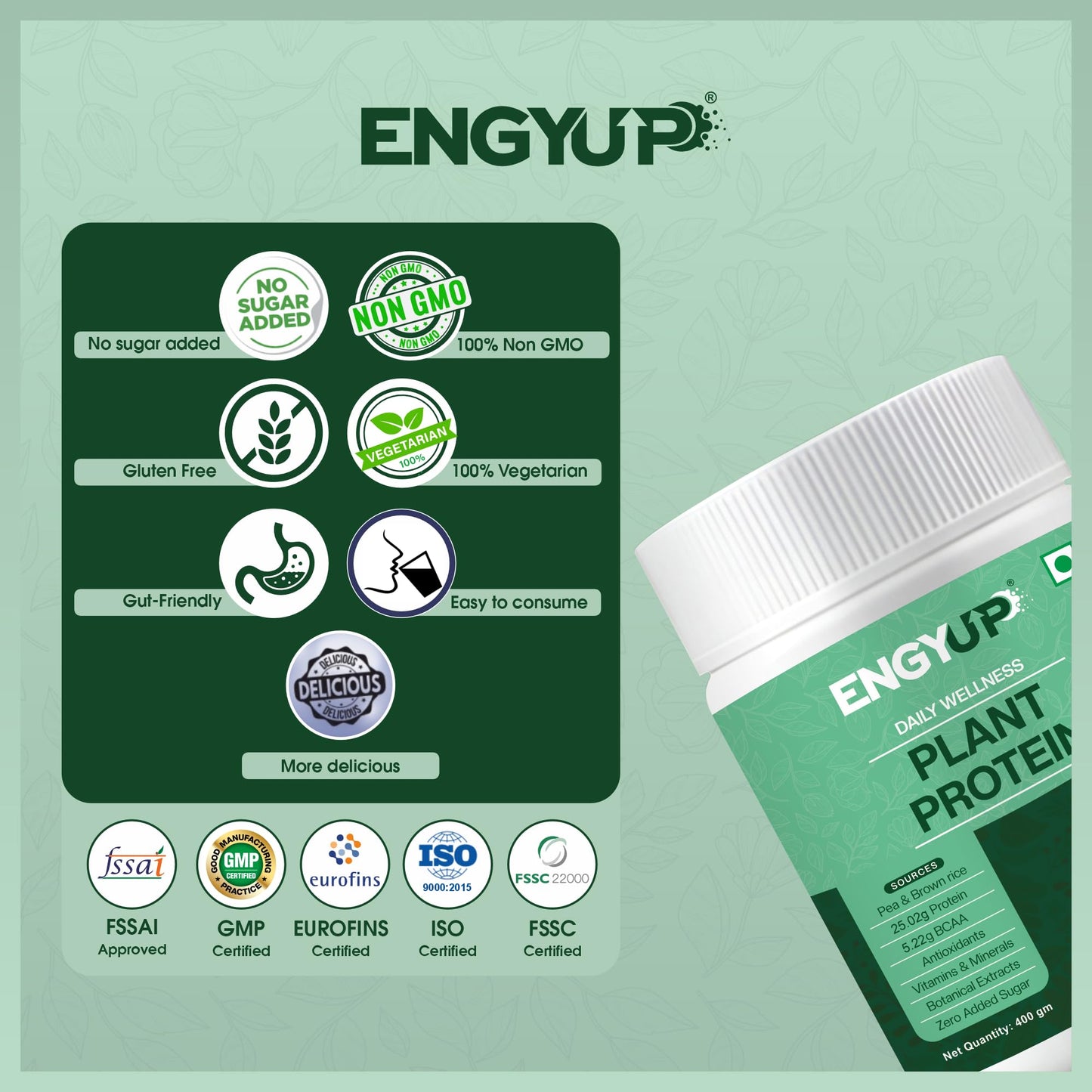 ENGYUP Plant Protein Powder(Pea & Brown Rice Protein) 25g Per Serving | Rich in BCAA with Antioxidants, Vitamins & Minerals, Herbal Extracts | Zero Added Sugar & Easy to Digest | Mocha Coffee Flavor | 400g