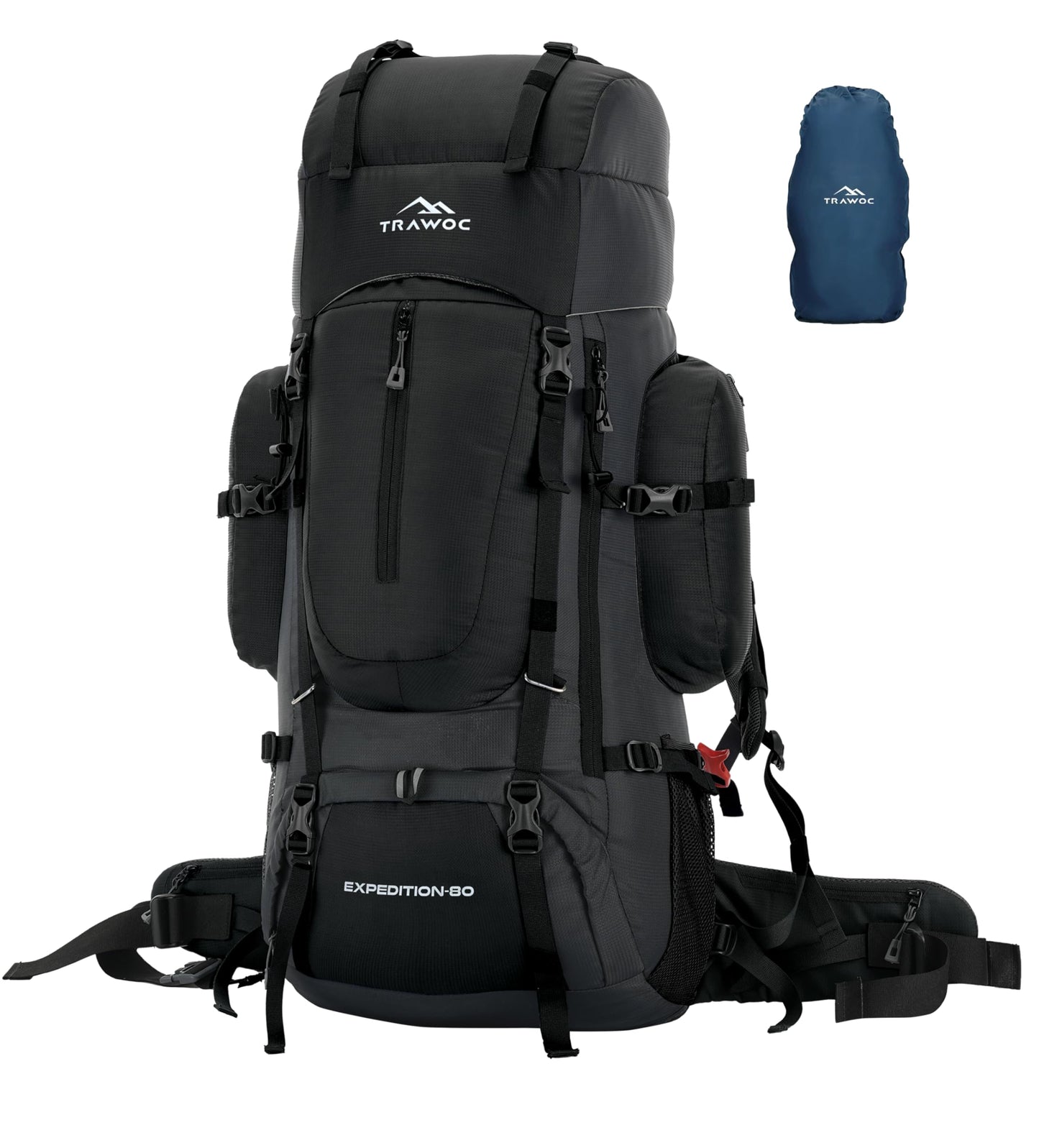 TRAWOC EXPEDITION 80L Travel Backpack Camping Hiking Rucksack Trekking Bag for Men & Women with Water Proof Rain Cover/Shoe Compartment BHK001 Black