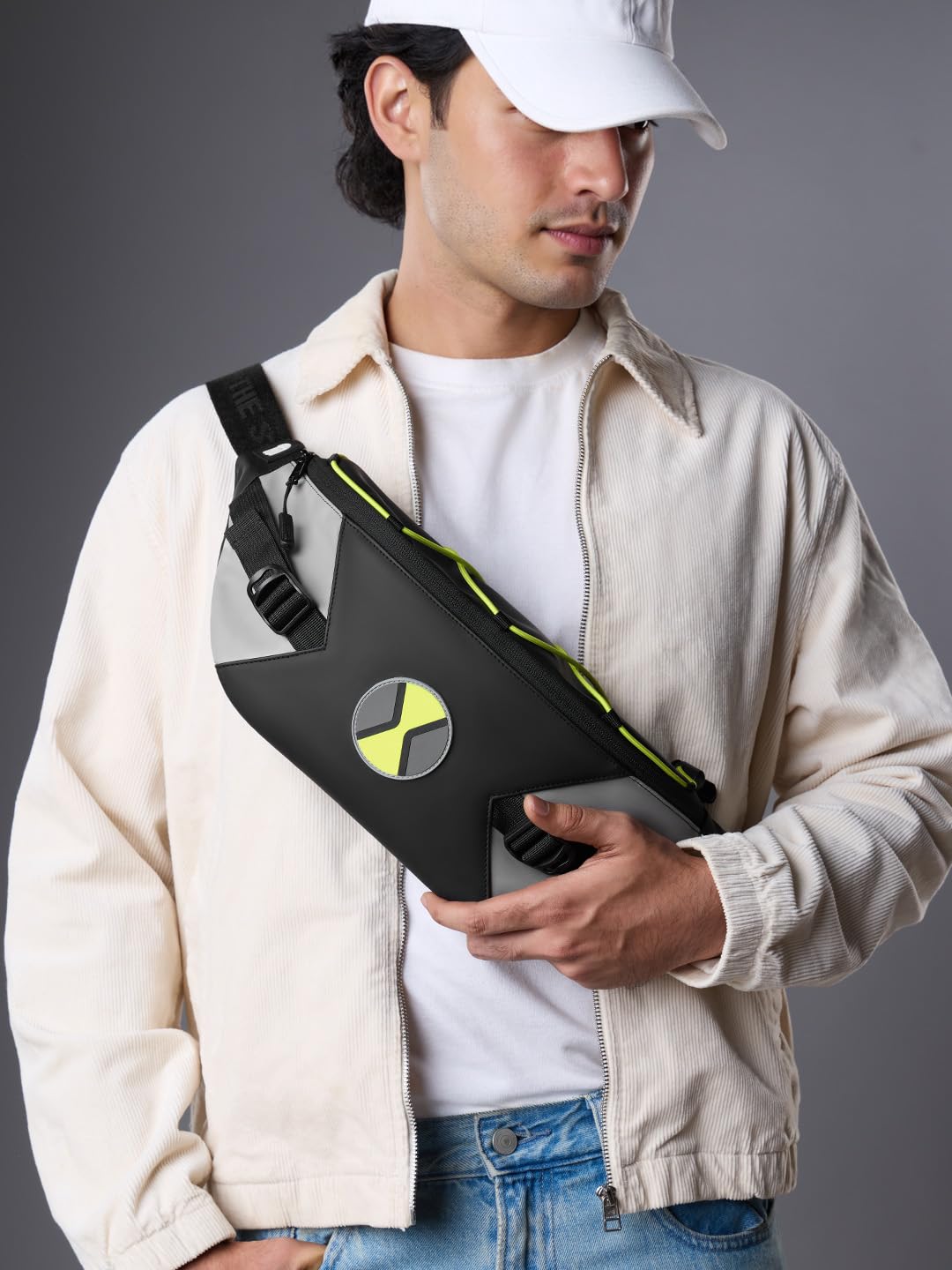 The Souled Store Ben 10: Omni Gear Fanny Pack | Official Cartoon Network Merchandise | Premium Matte PU Sleek Crossbody Waist Bag with Neon Bungee Cord & Adjustable Strap for Men & Women